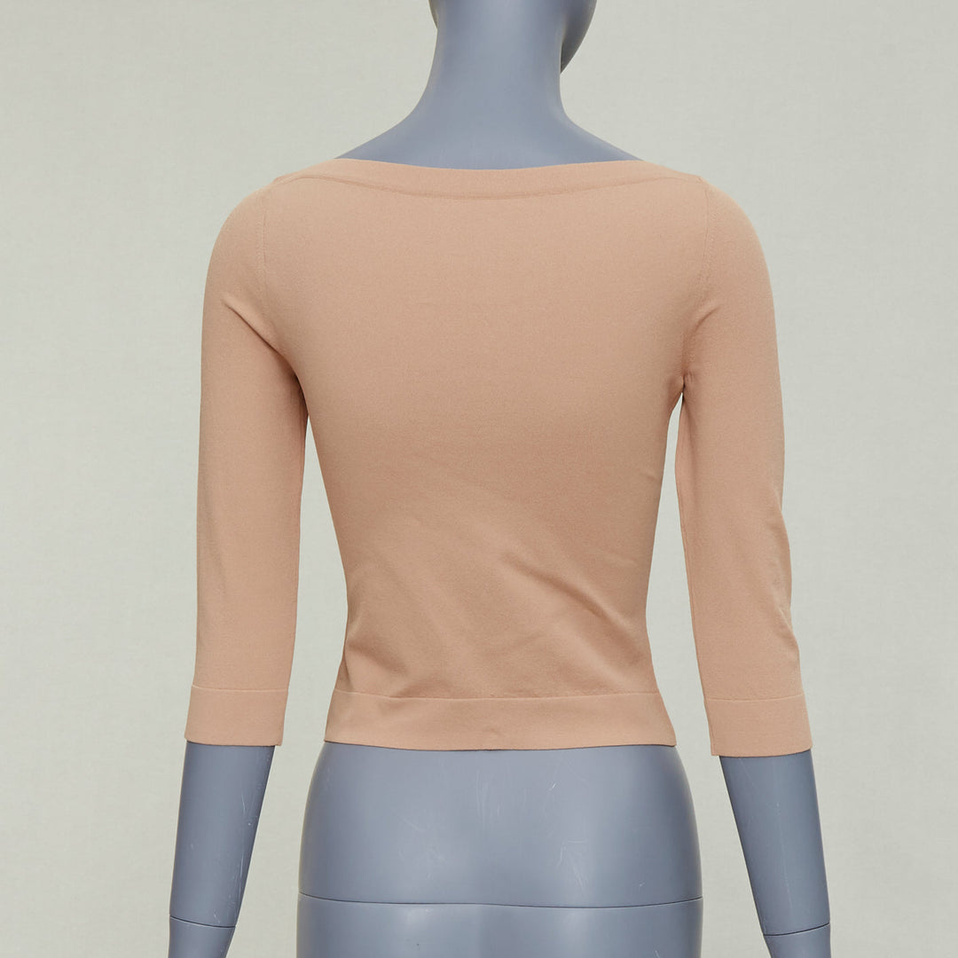 ALAIA tan nude viscose blend cropped sleeved bateau neck sweater FR36 S