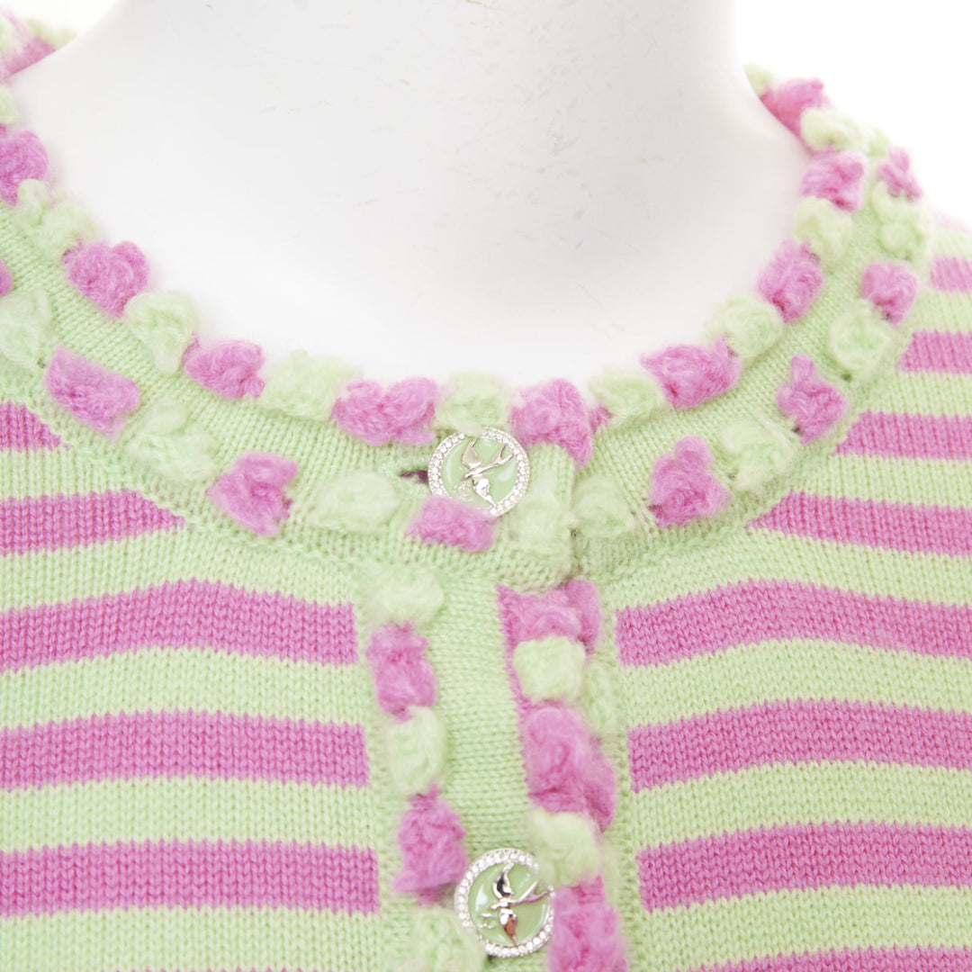 CHANEL 2025 Runway cashmere pink green striped swallow crystal cardigan FR36