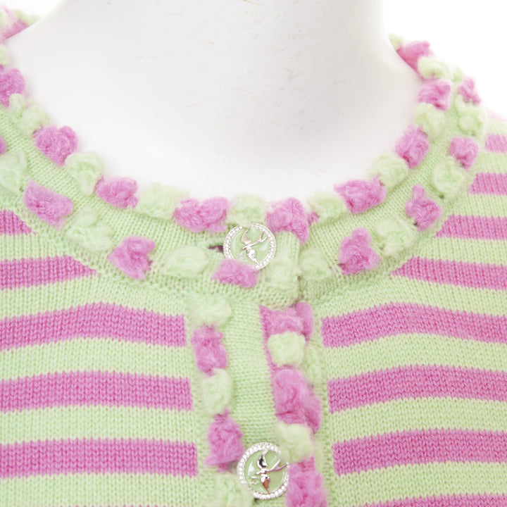 CHANEL 2025 Runway cashmere pink green striped swallow crystal cardigan FR36
