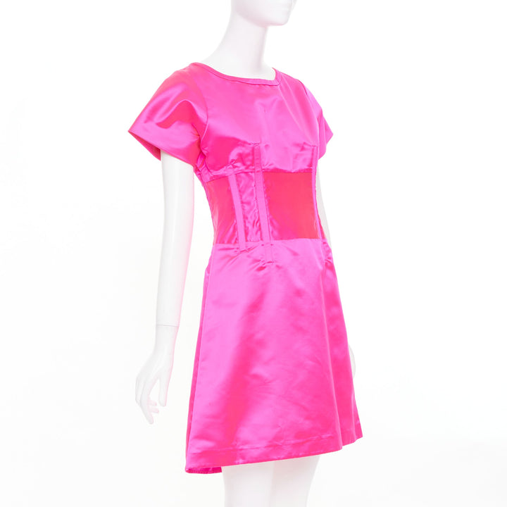 CELINE Vintage hot pink exposed boning satin flared cocktail mini dress FR38 M