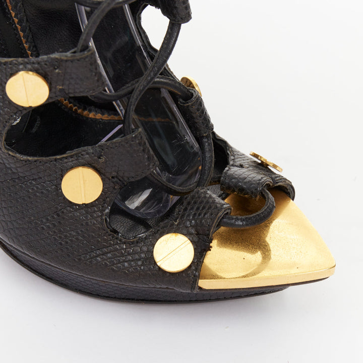 TOM FORD 2012 Runway black lizard effect gold stud lace up platform sandals EU35