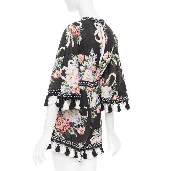 ALICE MCCALL Magic Moment black 100% linen floral fringed trim playsuit UK6 XS