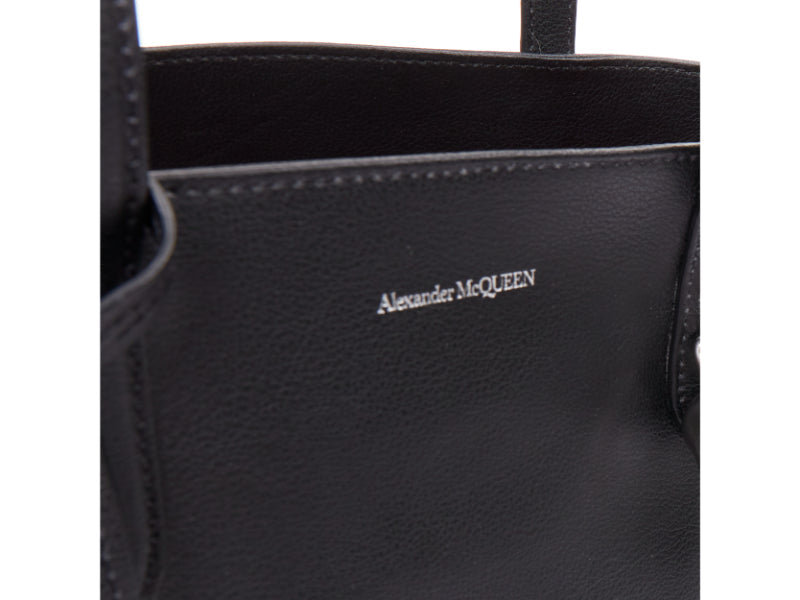 ALEXANDER MCQUEEN black calfskin leather silver skull lock tote bag