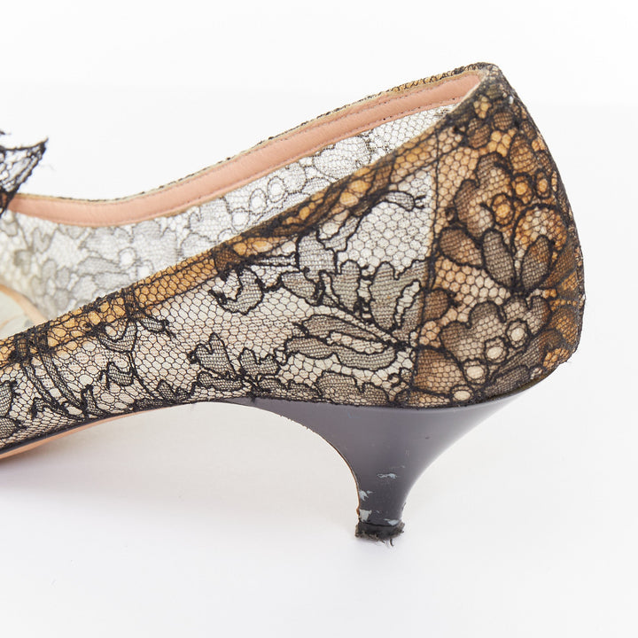 ROCHAS black floral lace mesh pom pom rosette point toe kitten heel pumps EU36