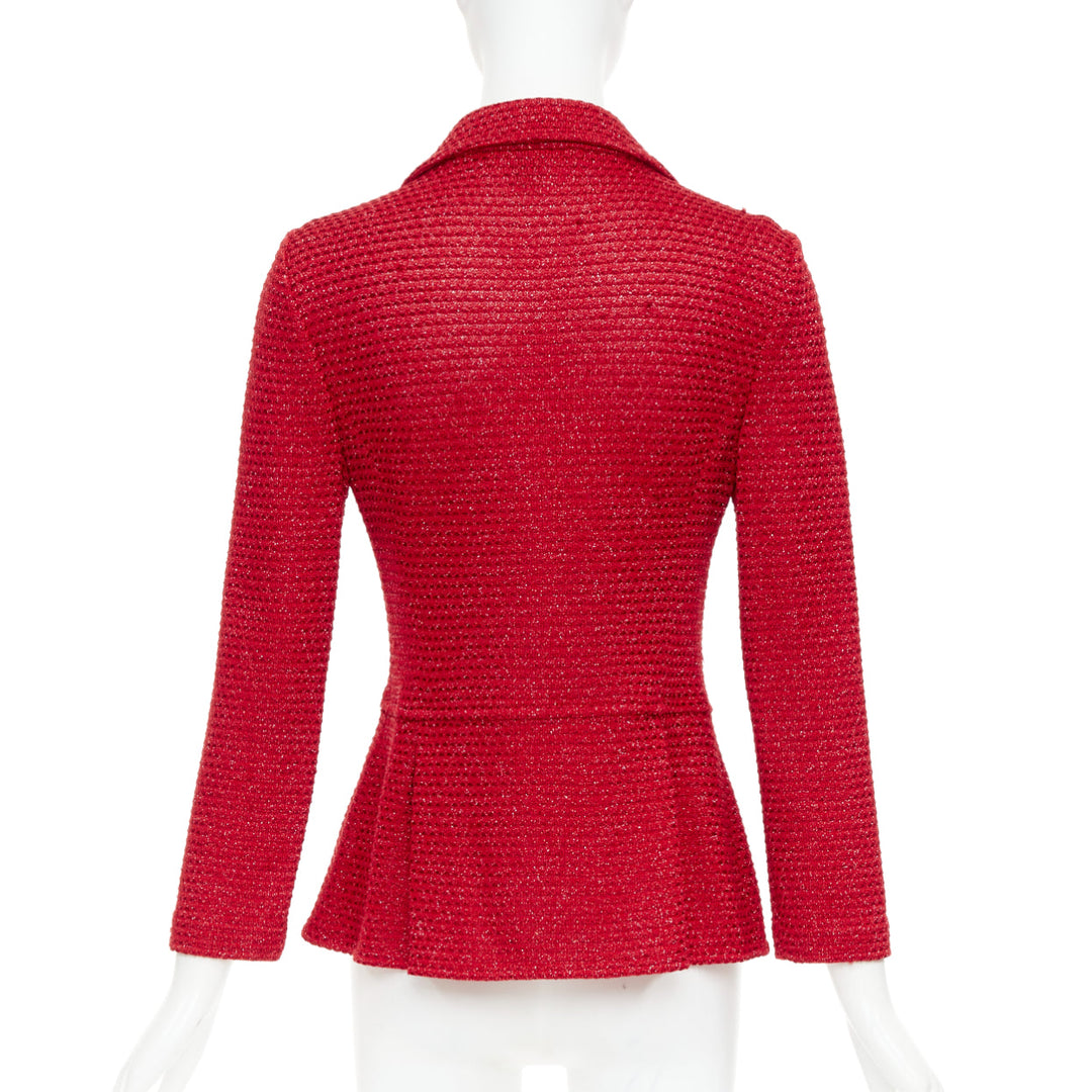 ST JOHN COUTURE red metallic tweed knit crystal buttons peplum blazer US6 M