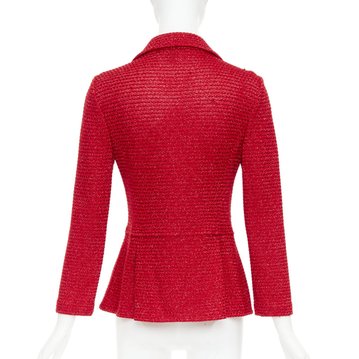 ST JOHN COUTURE red metallic tweed knit crystal buttons peplum blazer US6 M