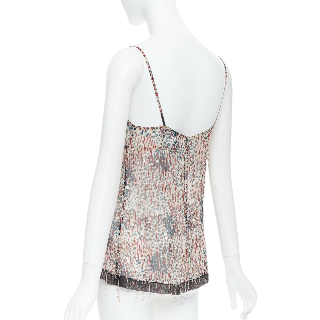 CHANEL 02A beige red sequin fringe applique sheer camisole FR38 M