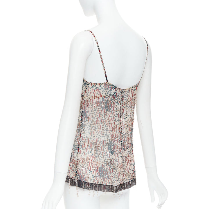 CHANEL 02A beige red sequin fringe applique sheer camisole FR38 M