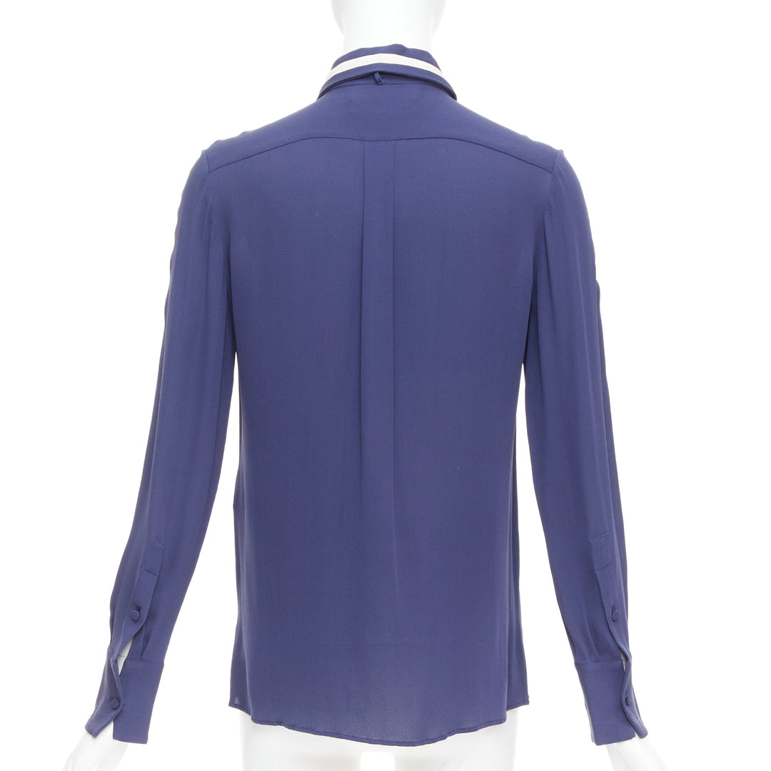 VALENTINO 100% silk navy cream trim tie neck blouse shirt US4 S