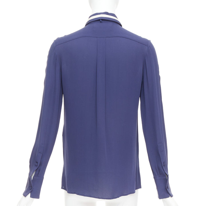 VALENTINO 100% silk navy cream trim tie neck blouse shirt US4 S