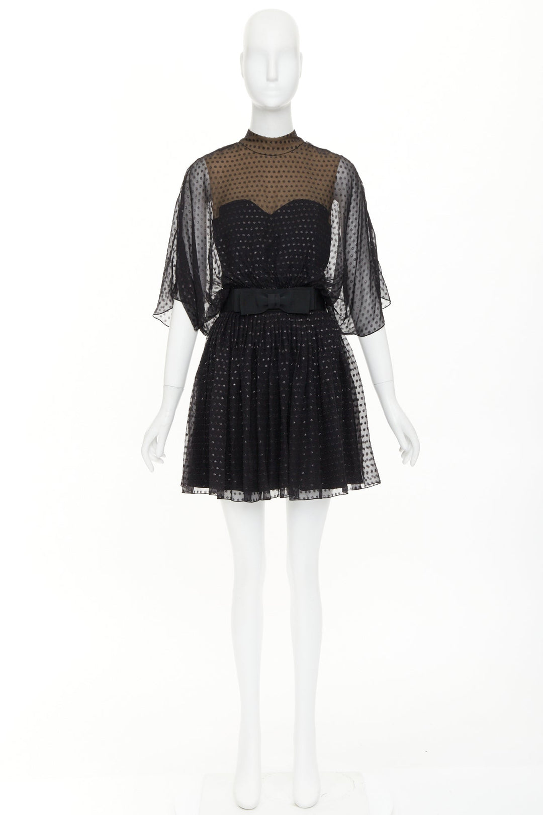 SAINT LAURENT 2014 black polka dot lurex semi sheer bow belt silk dress FR36 XS