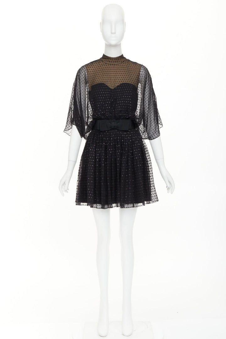 SAINT LAURENT 2014 black polka dot lurex semi sheer bow belt silk dress FR36 XS