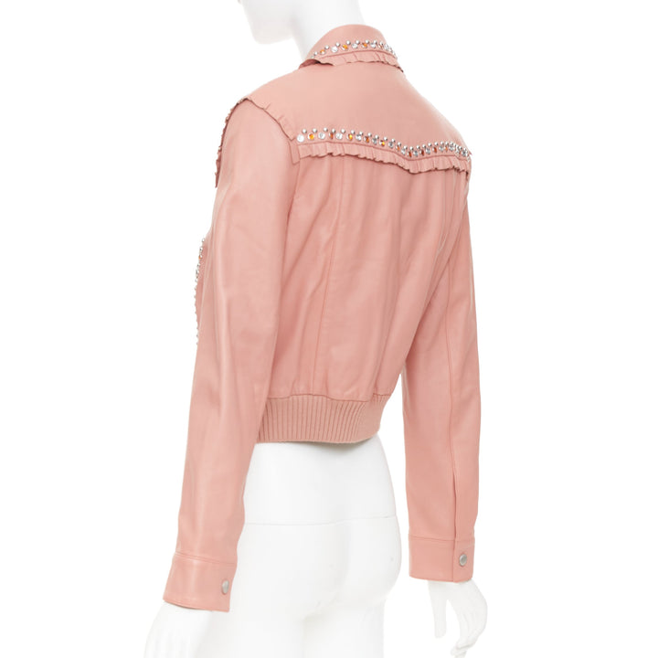 MIU MIU 2016 Runway ruffle studded crystal trim lambskin leather jacket IT42 M