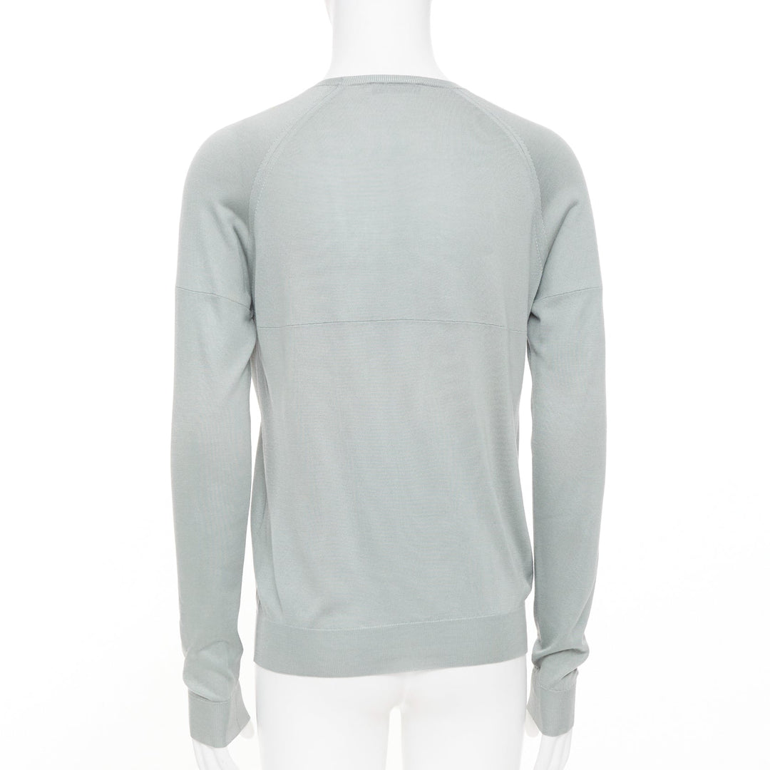 PRADA sage green grey panelled fine knit silk crewneck pullover sweater IT48 M