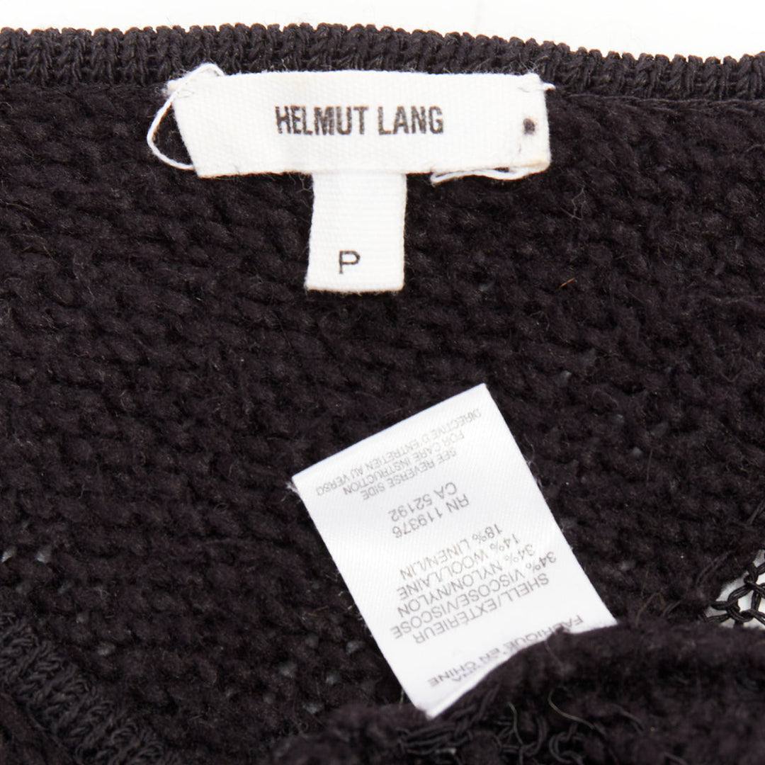 HELMUT LANG black graphic sheer lattice knit asymmetric hem knitted sweater P XS