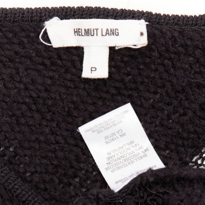 HELMUT LANG black graphic sheer lattice knit asymmetric hem knitted sweater P XS