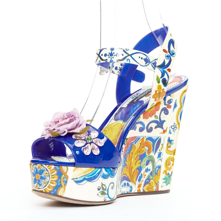 DOLCE GABBANA Bianca blue Majolica print floral embellish platform wedges EU38.5