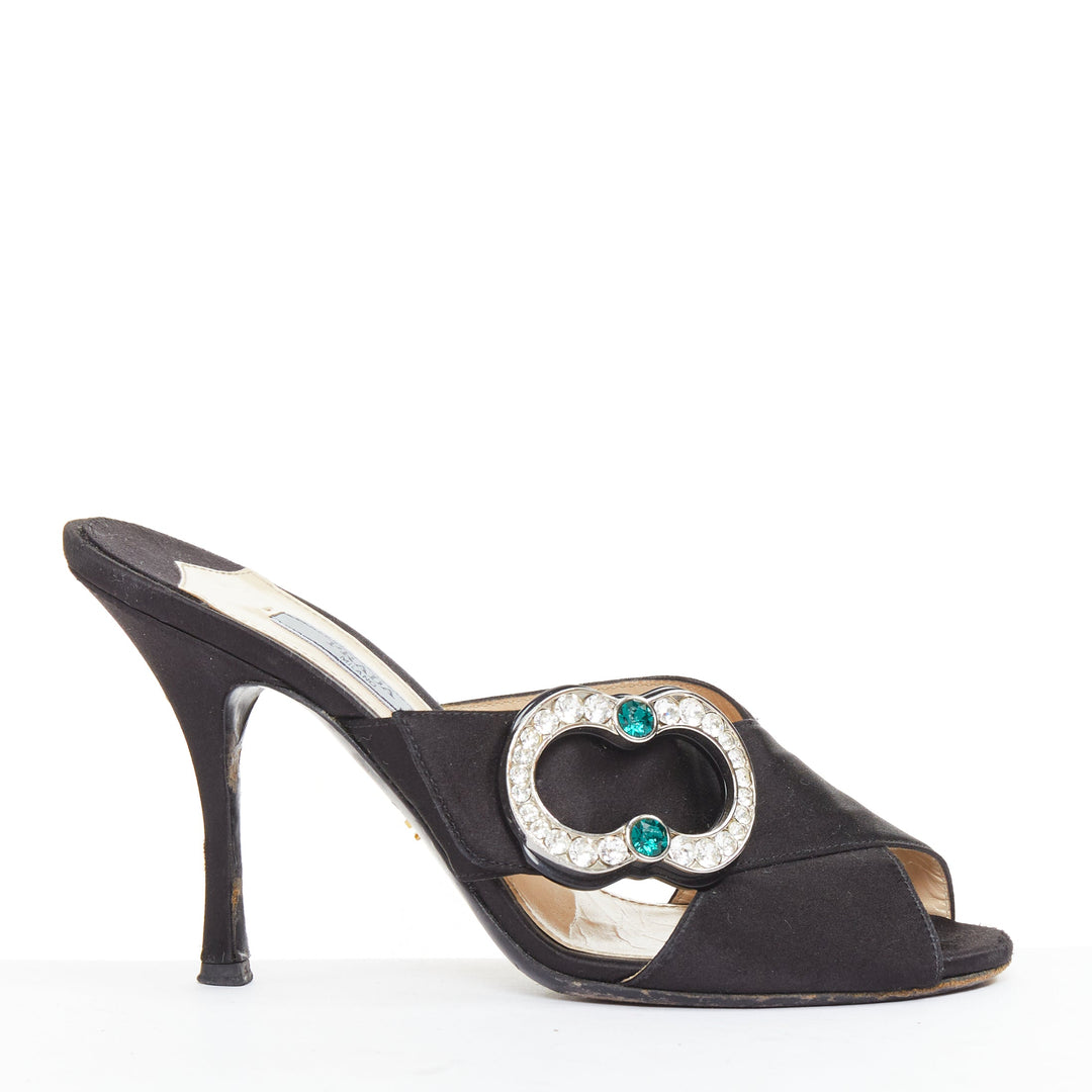 PRADA black satin green clear crystal buckle open toes muled sandals EU36.5