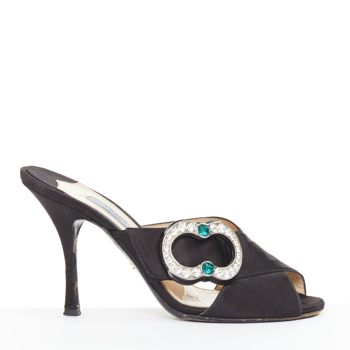 PRADA black satin green clear crystal buckle open toes muled sandals EU36.5
