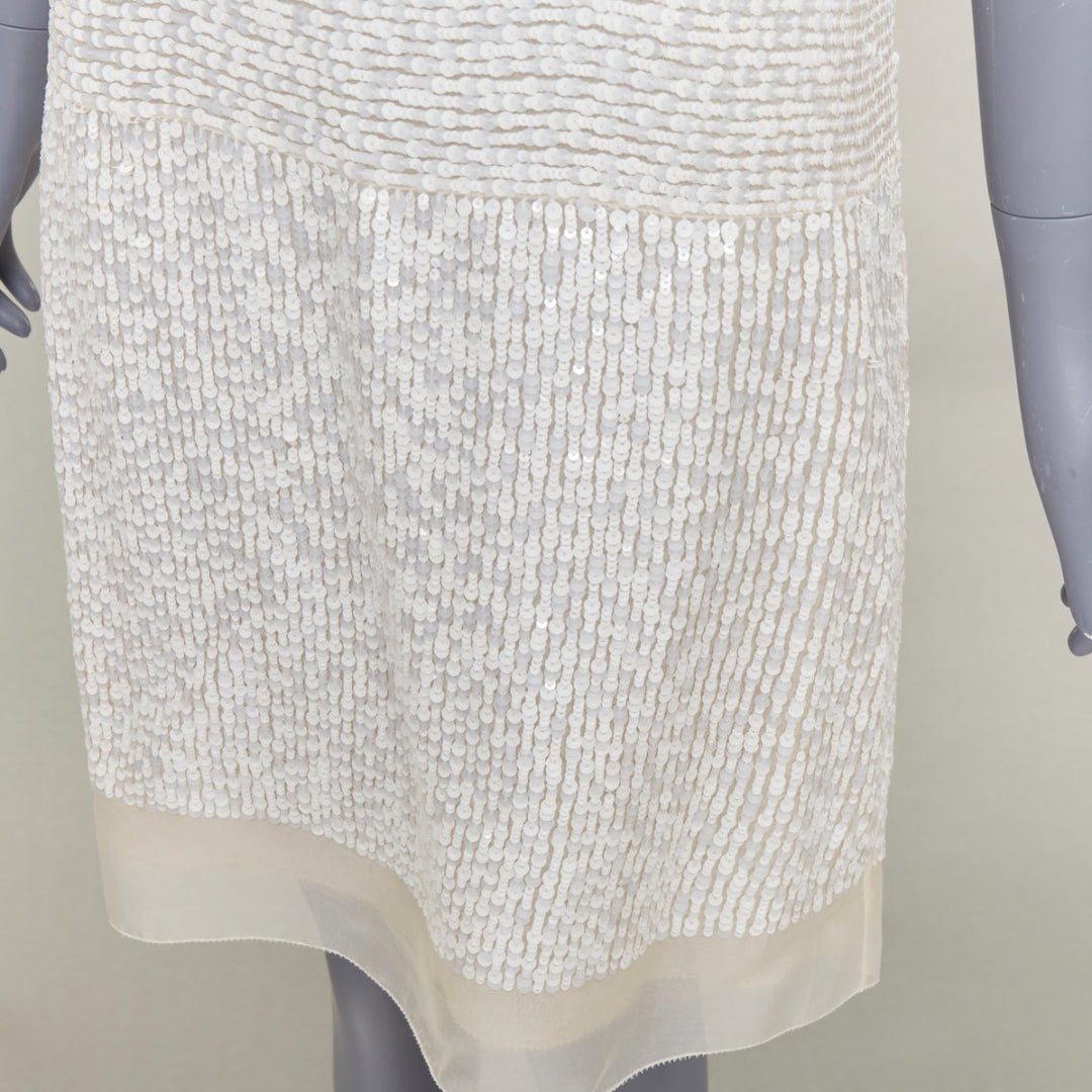 VERA WANG Bridal cream silk organza sequin floral brooch shift dress US4 M