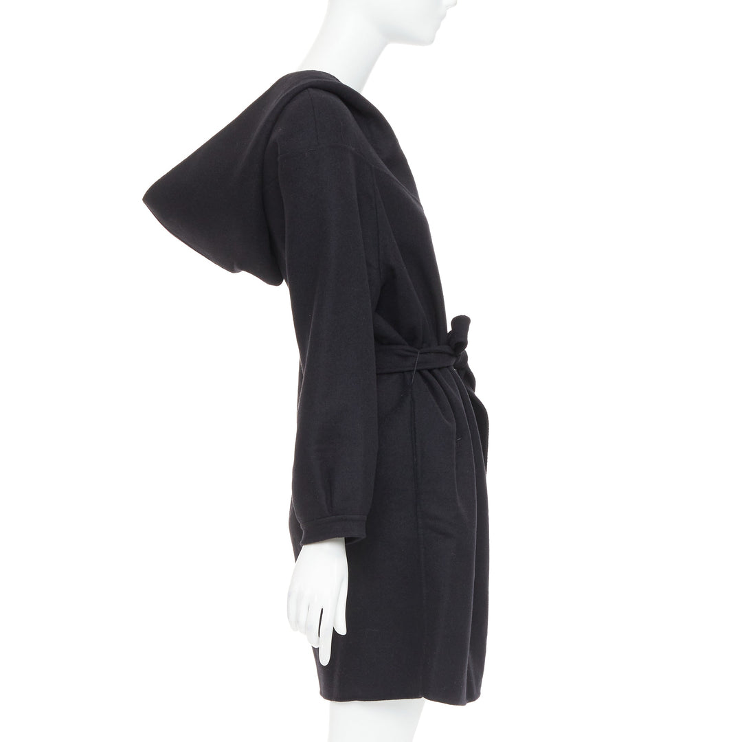 CHRISTIAN DIOR black wool angora cashgora hooded belted popover dress FR38 M
