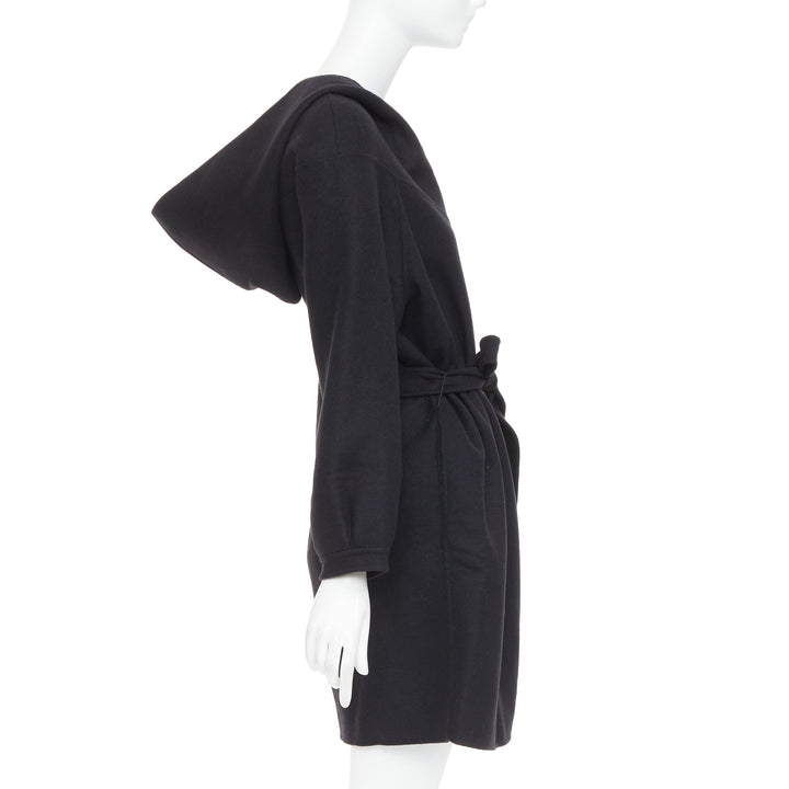 CHRISTIAN DIOR black wool angora cashgora hooded belted popover dress FR38 M