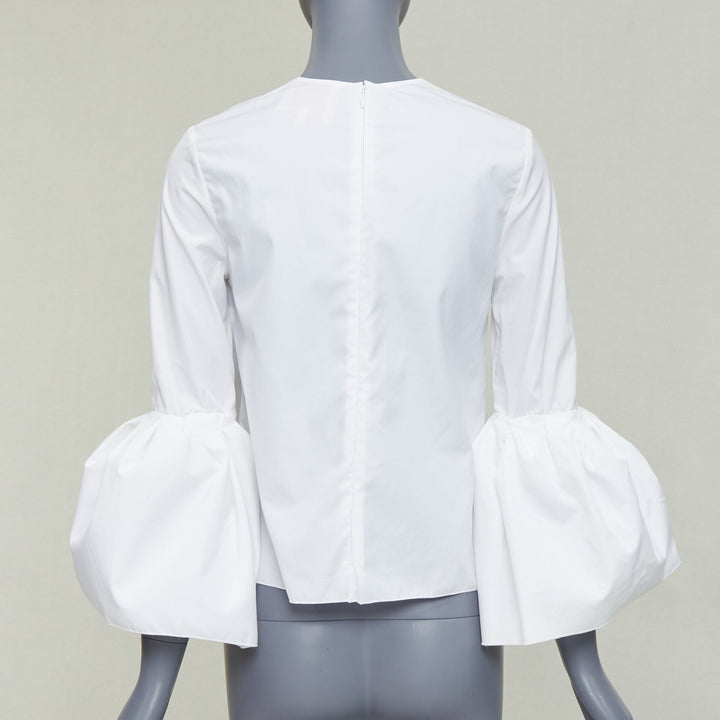 ROKSANDA cream cotton fit flare ruffled cuff fitted crew neck shirt UK6 XS