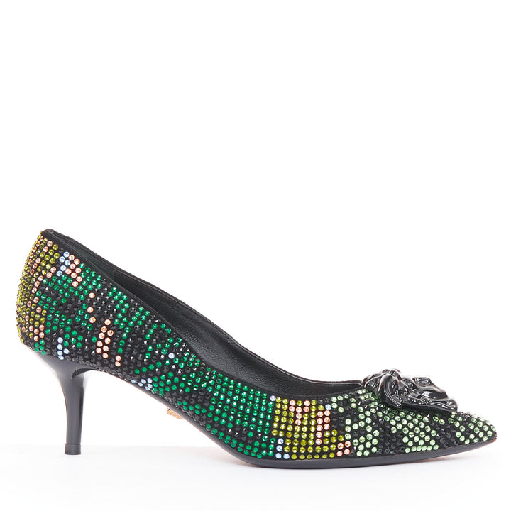 VERSACE 2015 Palazzo camouflage green rhinestone crystal Medusa pumps EU36 US6