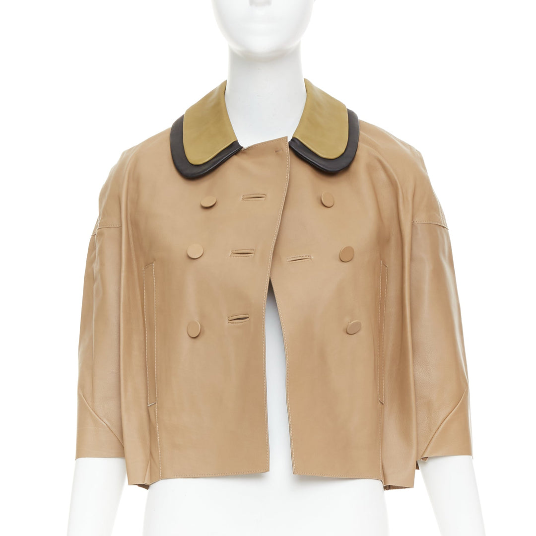 MARNI brown leather green black dup collar cropped double breast jacket IT36 XXS