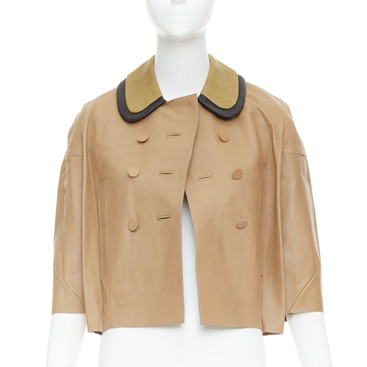 MARNI brown leather green black dup collar cropped double breast jacket IT36 XXS