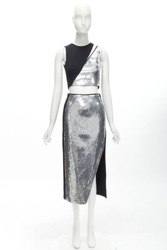 DAVID KOMA silver sequins midriff crop top asymmetric high slit skirt set UK6 XS