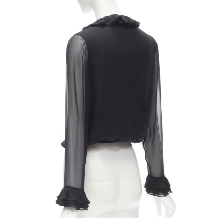 GUCCI TOM FORD 100% silk black ruffle trim plunge neck blouse IT38 XS