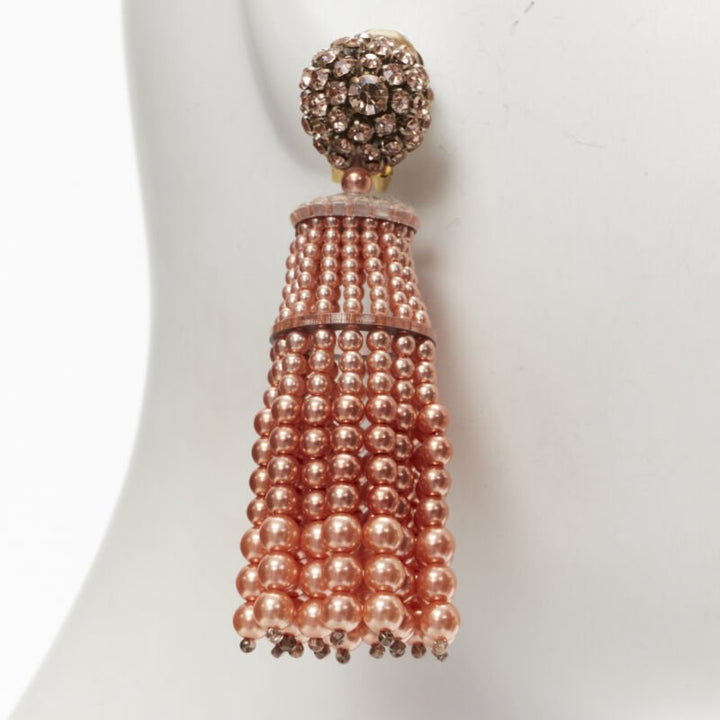 OSCAR DE LA RENTA orange crystal faux pearl tassel drop clip on earrings