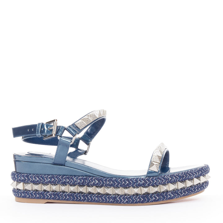 CHRISTIAN LOUBOUTIN Pyraclou 60 denim blue spikes platform wedges EU38