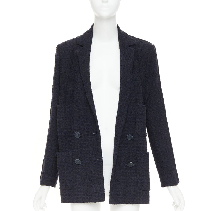 CHANEL navy cotton tweed boucle four pocket double breasted jacket FR40 M