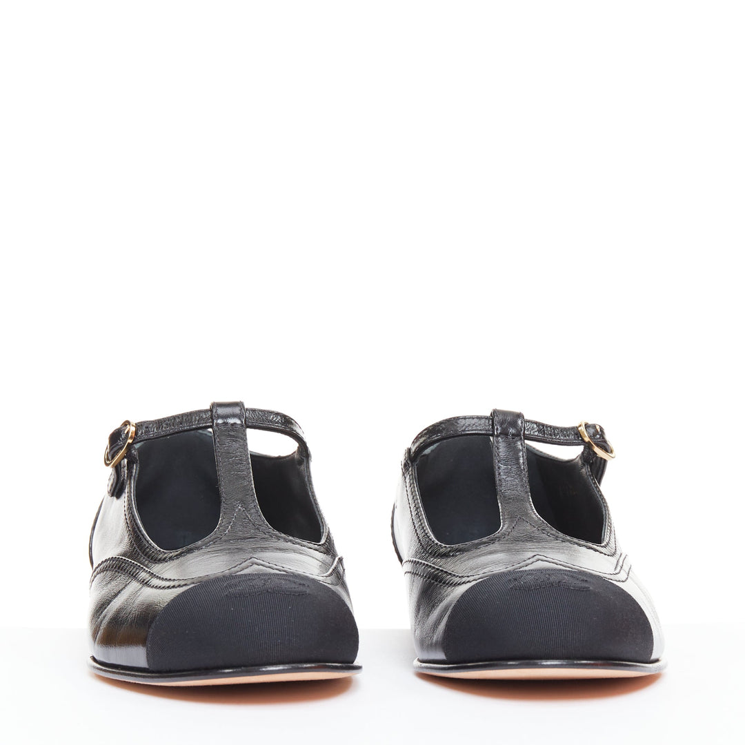 CHANEL 2023 black leather grosgrain CC cap toe T-Strap mary jane flats EU39.5