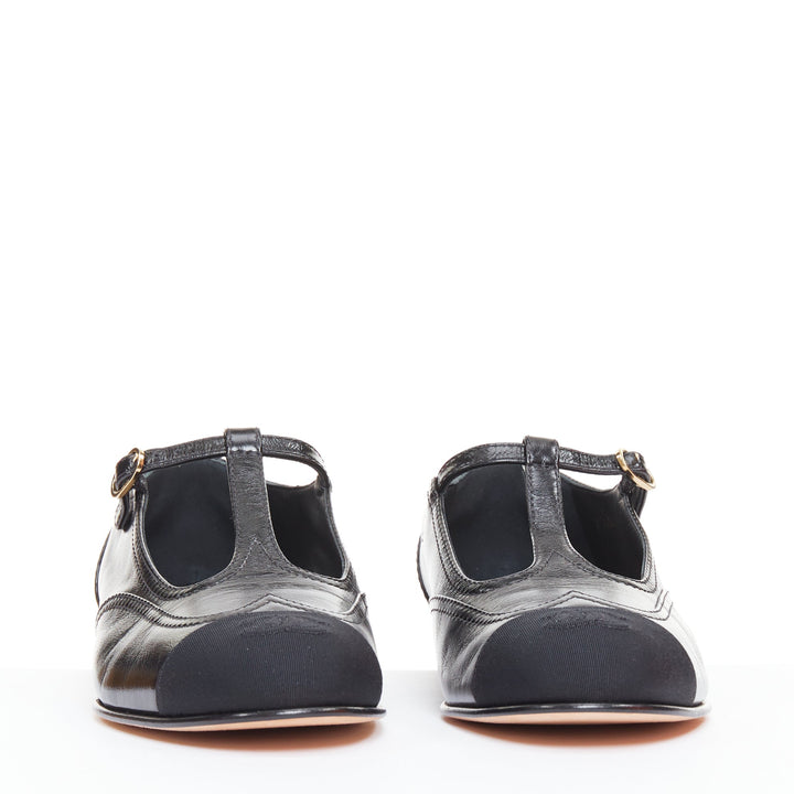 CHANEL 2023 black leather grosgrain CC cap toe T-Strap mary jane flats EU39.5