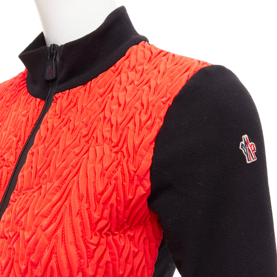 MONCLER bright red orange chevron plisse front logo arm zip fitted jacket XS