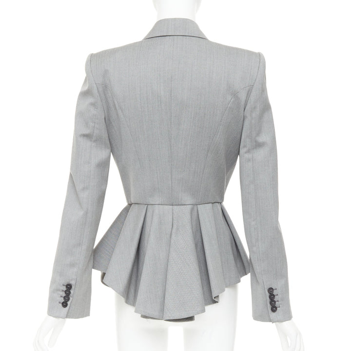 ALEXANDER MCQUEEN 2019 grey wool fuchsia pink lined peplum blazer jacket IT42 M