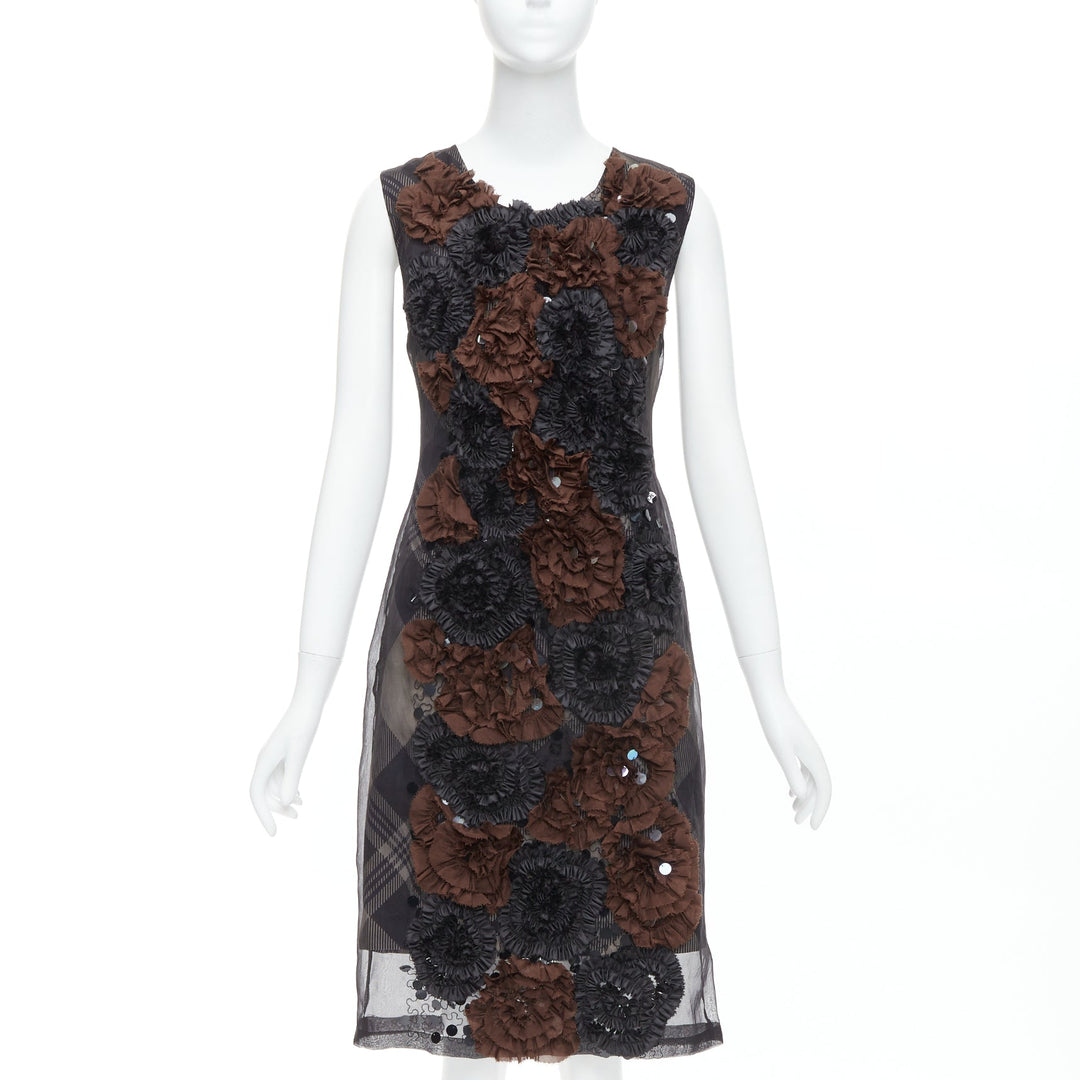 DRIES VAN NOTEN 2013 brown black floral applique plaid sheer dress FR36 S