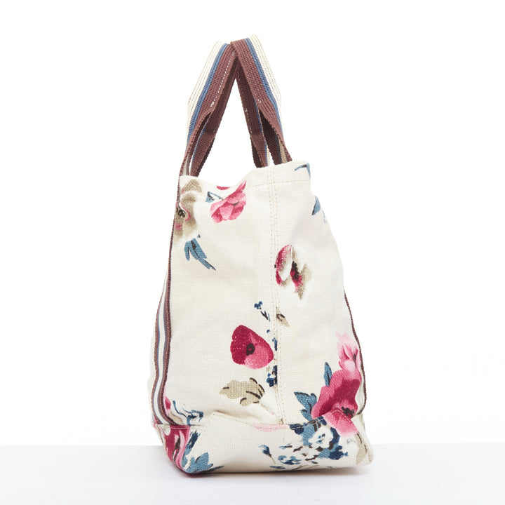 MARNI cream canvas pink floral print brown web trim casual tote bag