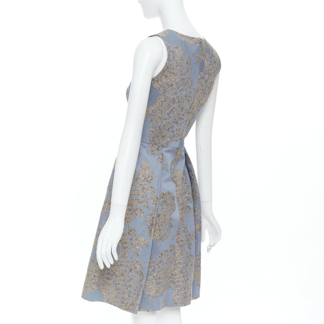 OSCAR DE LA RENTA F07 grey gold floral cotton flax jacquard dress US2 S