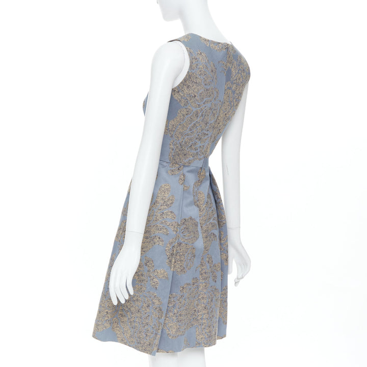 OSCAR DE LA RENTA F07 grey gold floral cotton flax jacquard dress US2 S