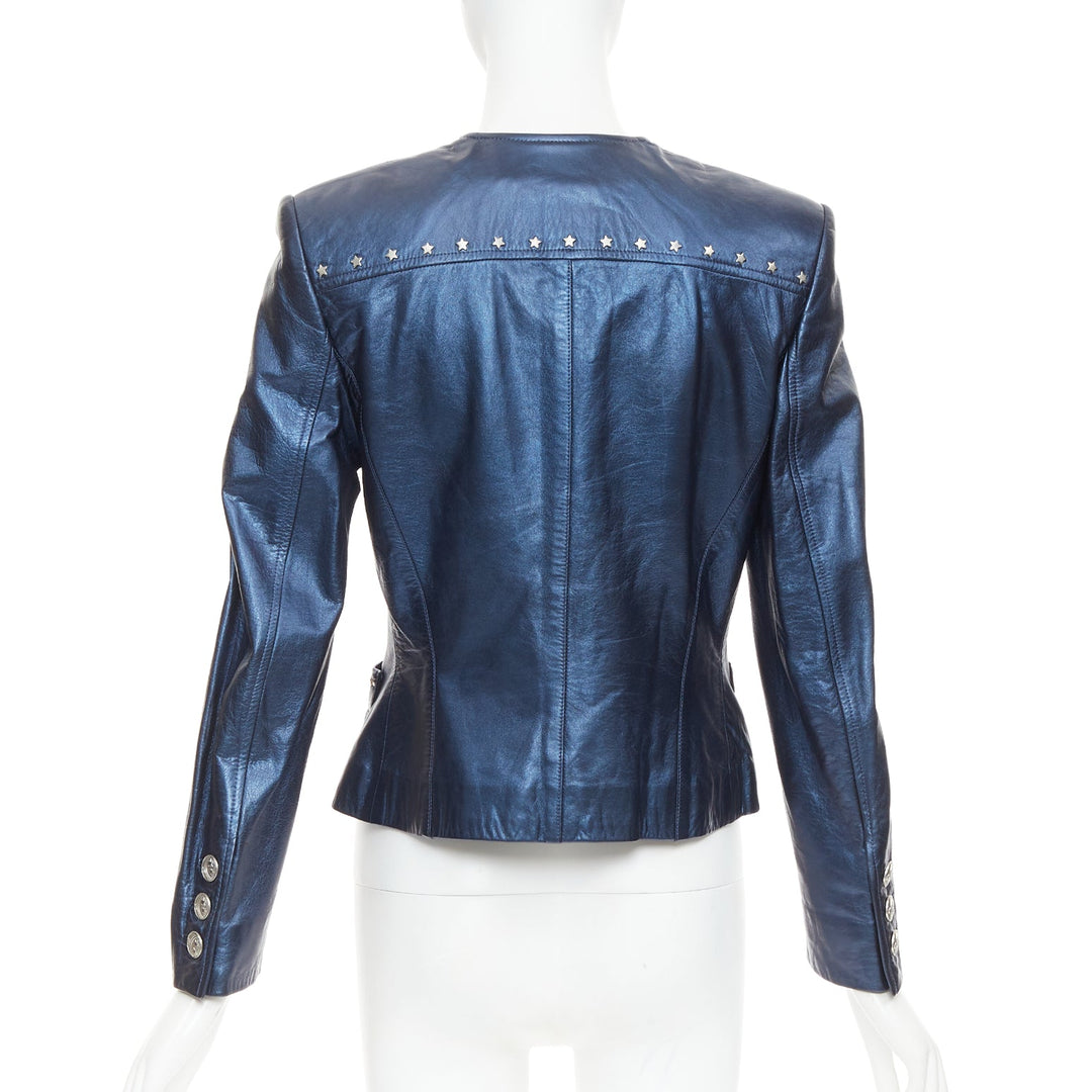ESCADA Vintage 1980s Starry Night metallic blue leather stud jacket FR34 S