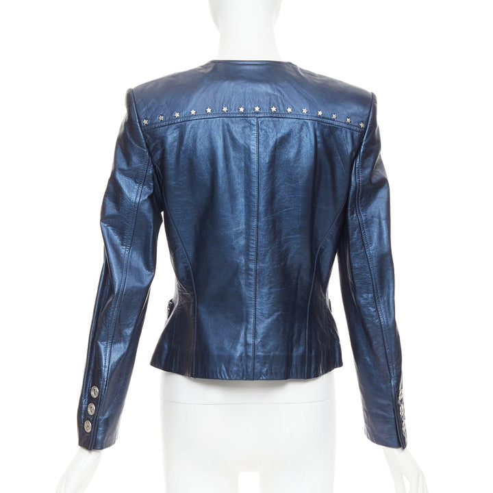 ESCADA Vintage 1980s Starry Night metallic blue leather stud jacket FR34 S