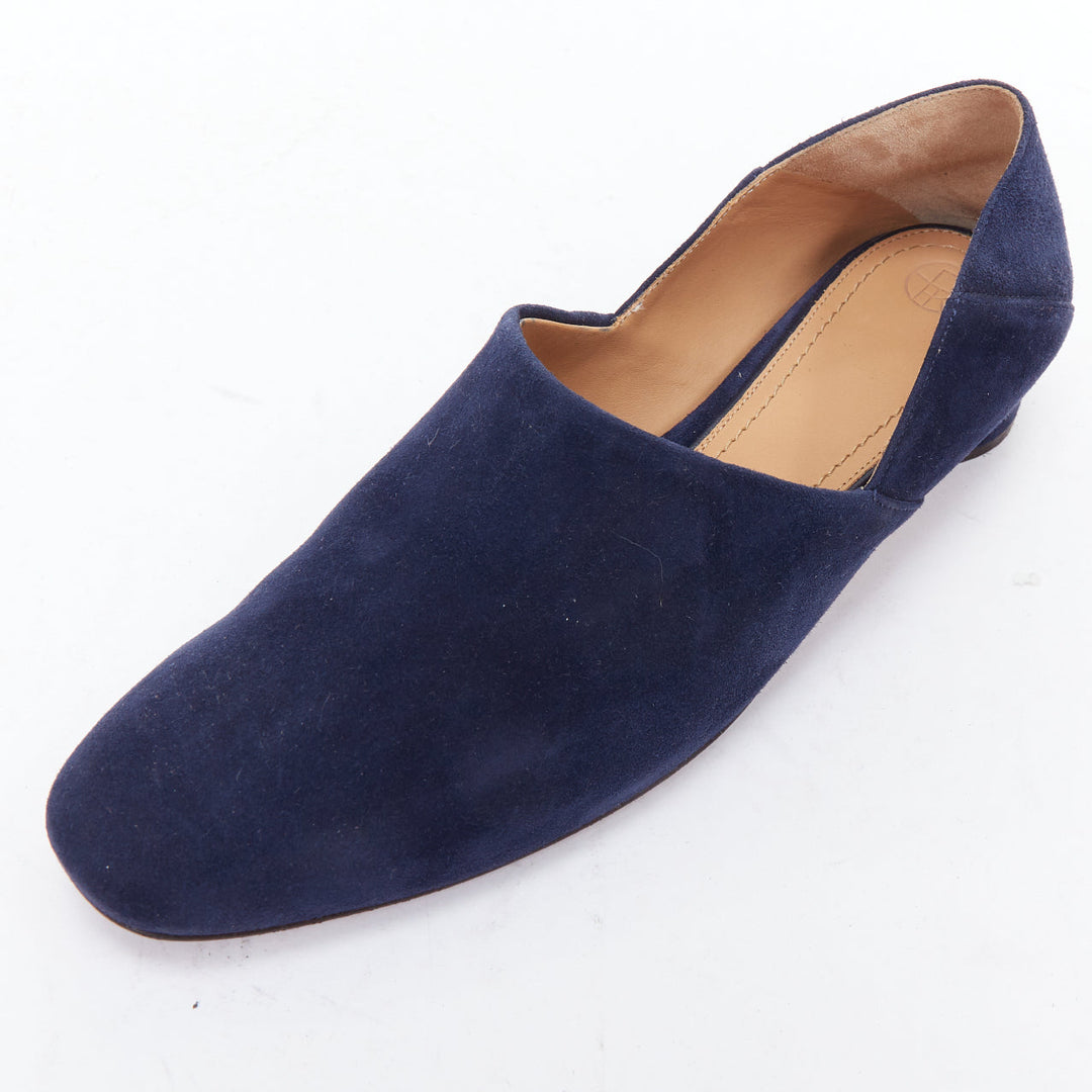 THE ROW Noelle navy suede collapsible heel block heel loafers EU38