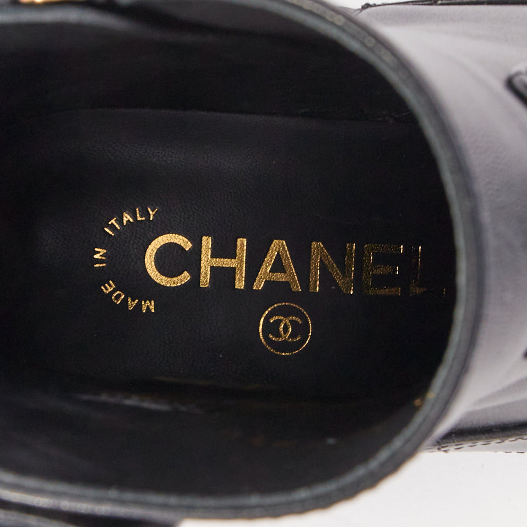 CHANEL 17A Paris Cosmopolite black lamb quilted pearl button ankle boots EU39.5