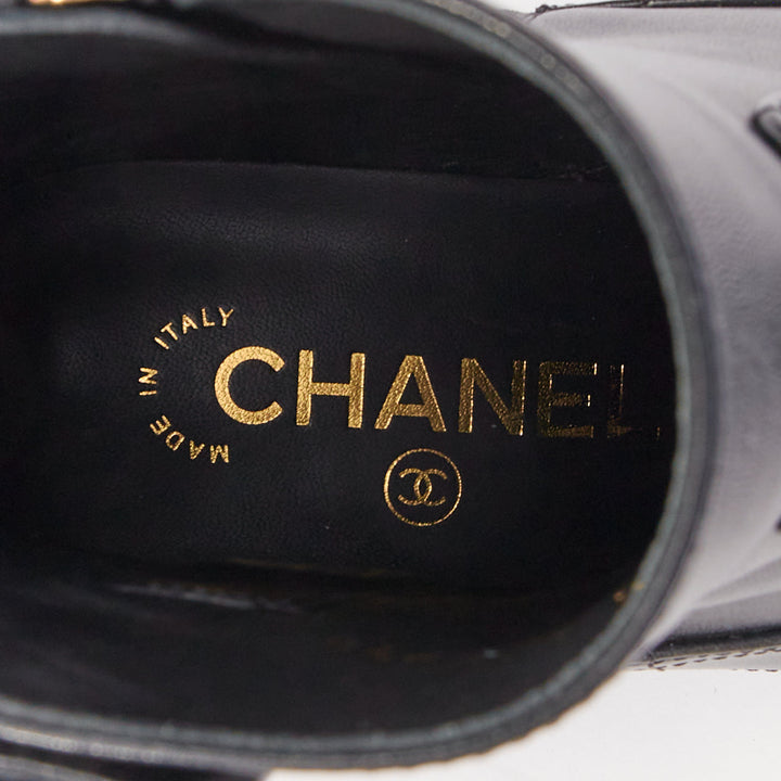 CHANEL 17A Paris Cosmopolite black lamb quilted pearl button ankle boots EU39.5
