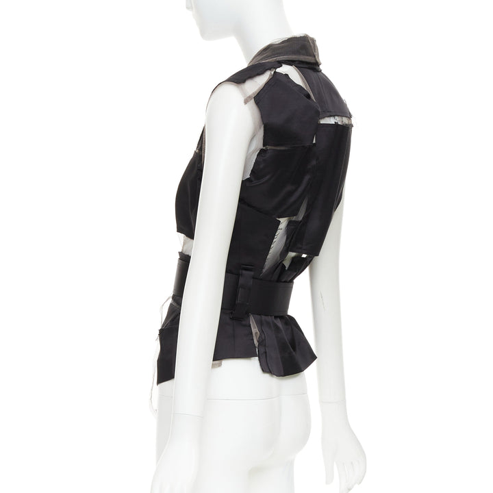 COMME DES GARCONS 2007 Runway black satin sheer patchwork tulle belted vest S