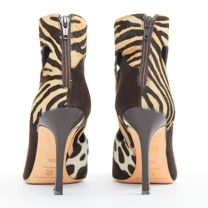 BRIAN ATWOOD Camoscio brown suede calf hair multi animal cut out booties EU38.5